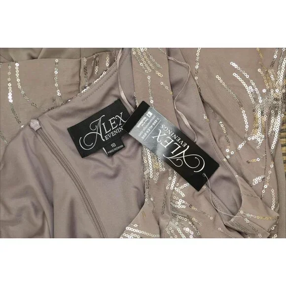 Alex Evenings Women's Tea Length Sequin Dress Pewter Brown / Frost 10 - Picture 3 of 14